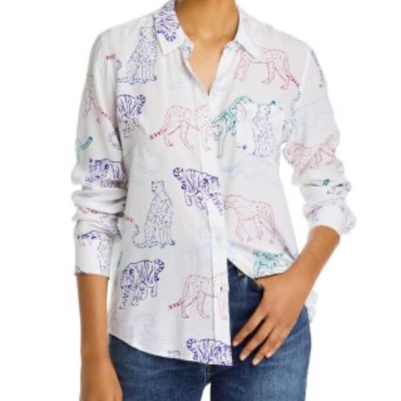 Rails Top Women XS White Kate Silk Tiger Shirt Button Front Long Sleeve Collared - Picture 1 of 15